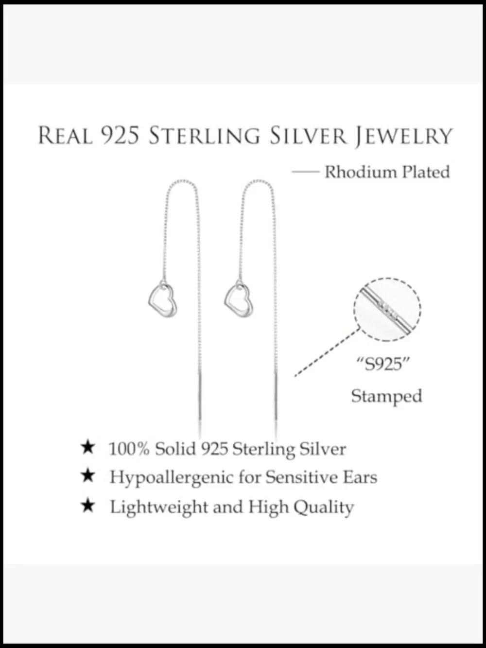 Solid 925 Sterling Silver Love Heart Chain Dangle Drop Earrings Teen